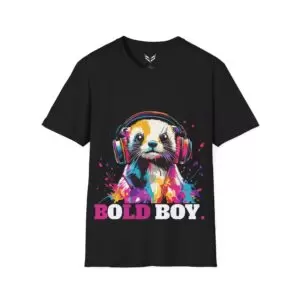 a black shirt with a picture of a panda wearing headphones