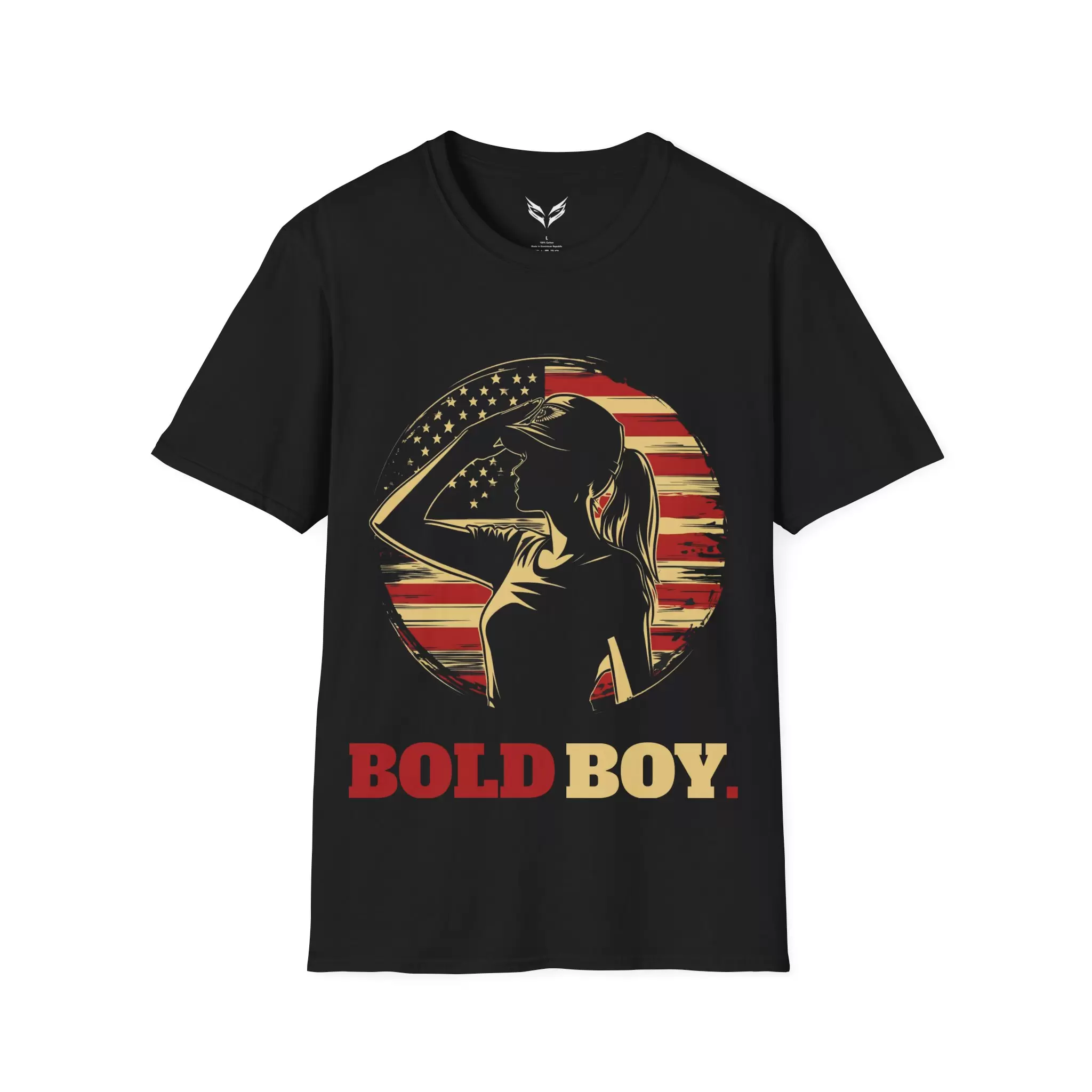 a black t-shirt with a picture of a woman saluting