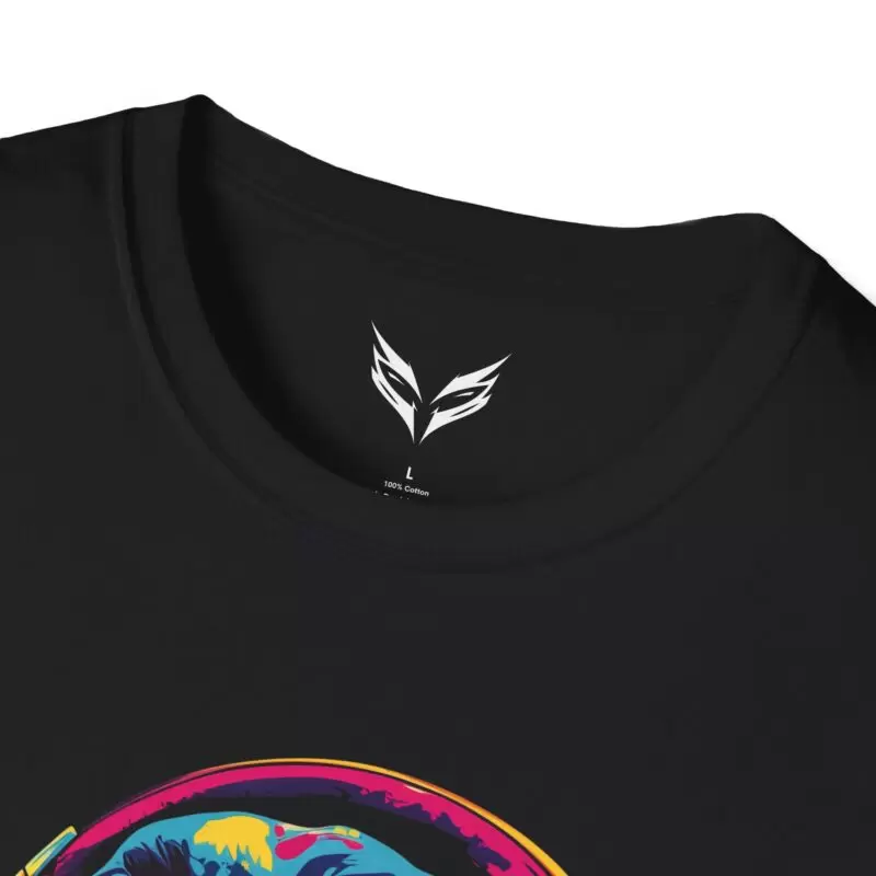 a black shirt with a colorful design on it